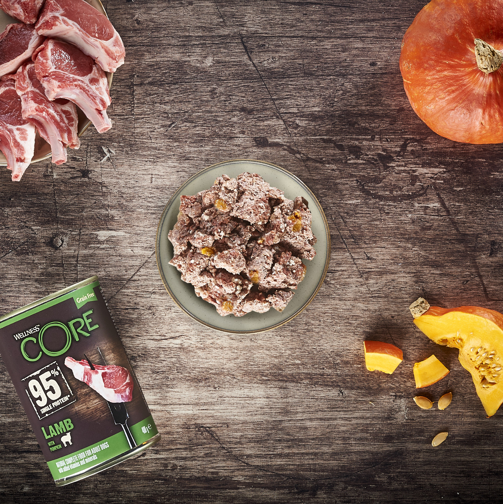 Wellness Core Welness Dog konzerva 95% jehněčí s dýní 400g