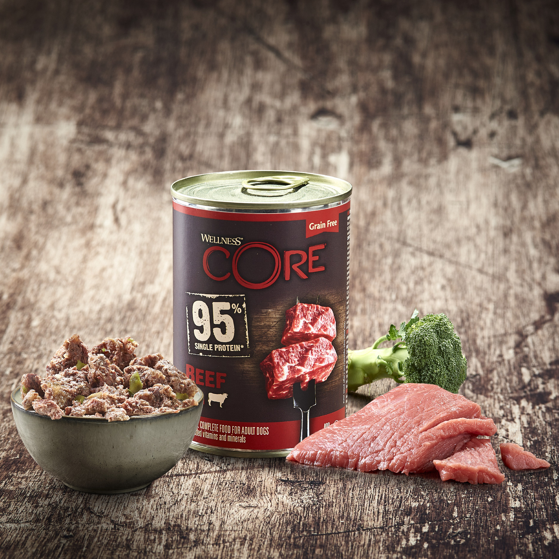 Wellness Core Welness Dog konzerva95% hovězí s brokolicí 400g