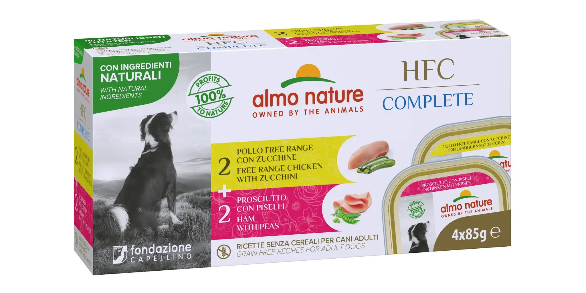 Almo Nature HFC Complete Multipack Kuře s cuketou/Šunka s hráškem 4x85g