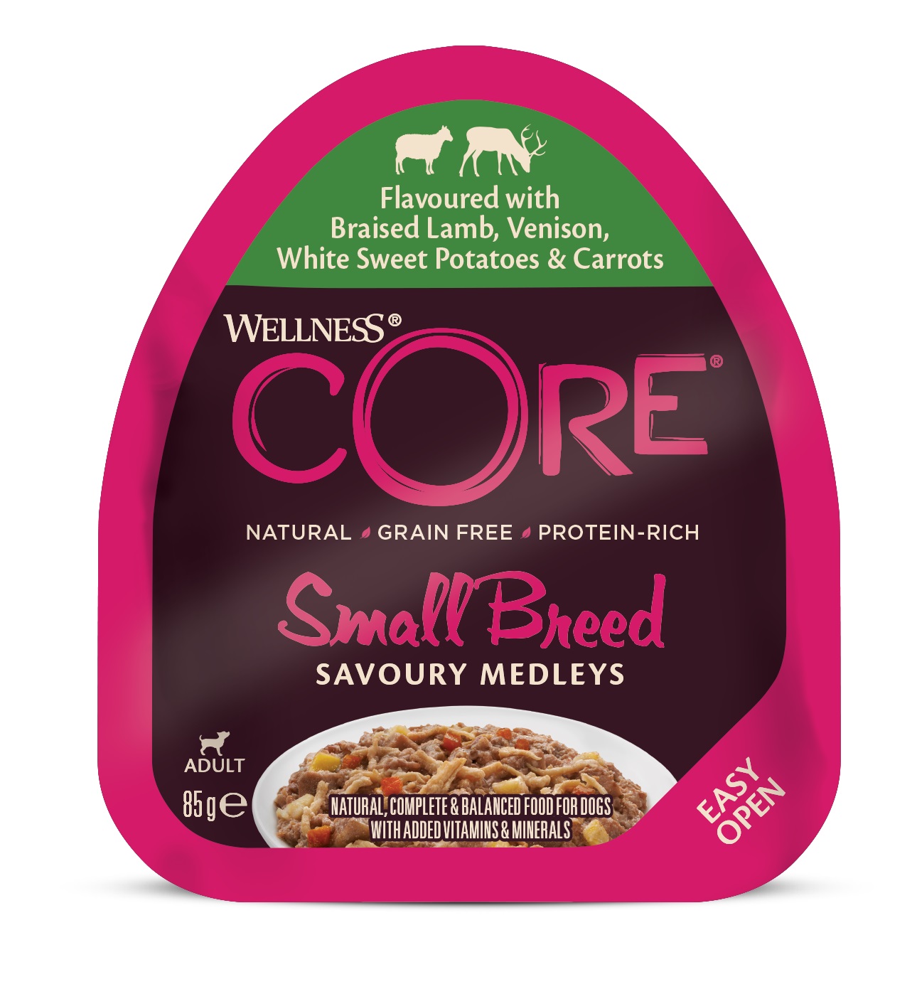Wellness CORE Small Breed Savoury Medleys Flavoured with Braised Lamb, Venison, White Sweet Potatoes & Carrots 85 g