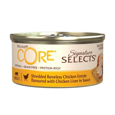 Wellness CORE Signature Selects Shredded Boneless Chicken Entrée flavoured with Chicken Liver in Sauce 79 g