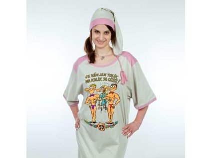 Noční košile s čepičkou JE VÁM TOLIK NA KOLIK SE CÍTÍTE 50 (Barva Melír, Velikost M)