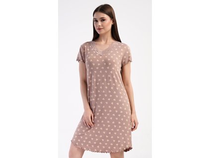Dámská noční košile s krátkým rukávem Srdíčka (Barva bílá káva, Velikost S)