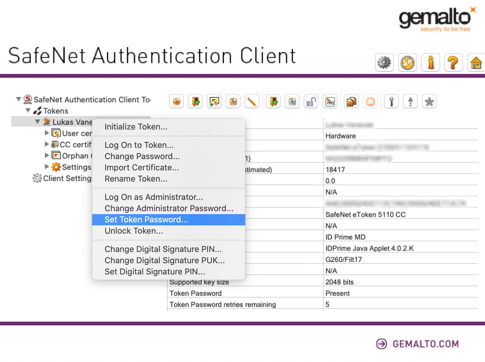 How to unlock (set) Gemalto Safenet eToken 5110CC (940) password?