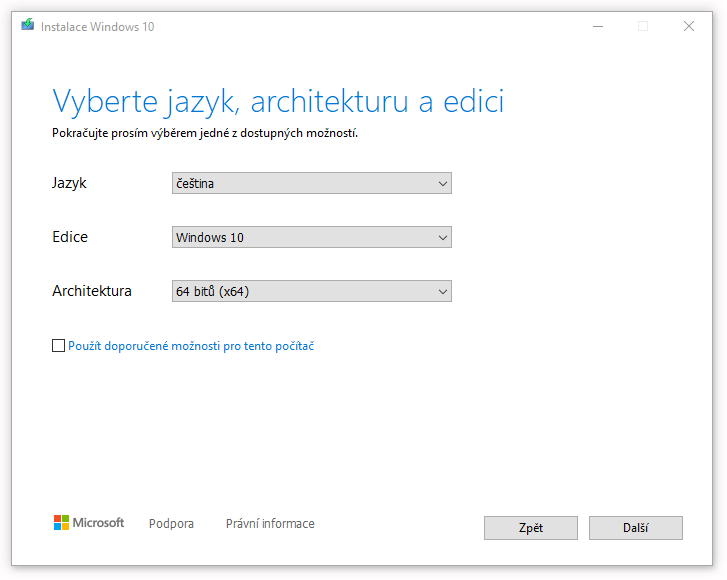 Výběr jazyka, architektury a edice Windows 11