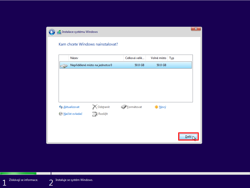 rozdělění a výběr disku pro instalaci windows 10