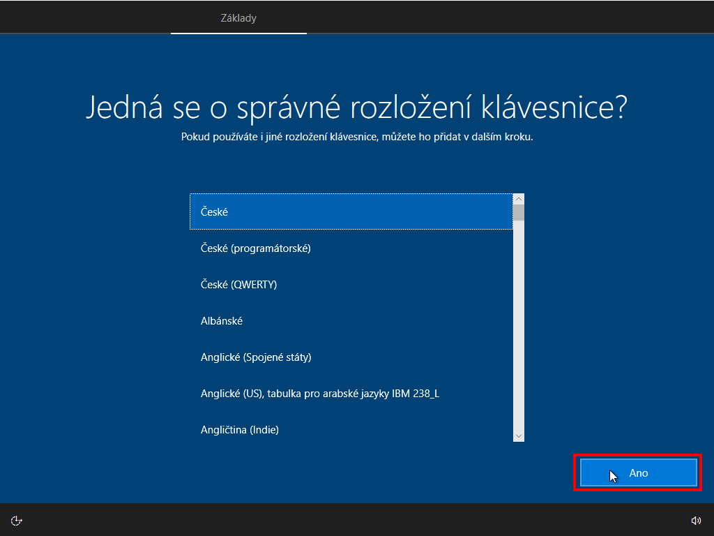 volba rozložení klávesnice po instalaci Windows 11