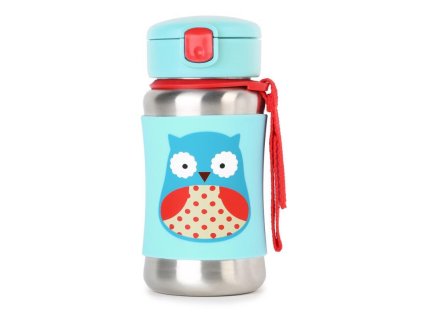 SKIP HOP Zoo Fľaša so slamkou na vodu nerez Sovička 12m+