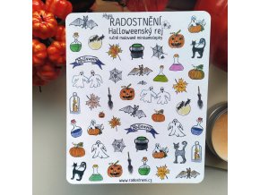 Ručně malované minisamolepky - Halloweenský rej  Barevný potisk, samolepicí papír matný