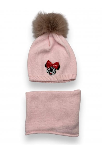 Dívčí růžová zimní čepice Minnie mouse s nákrčníkem