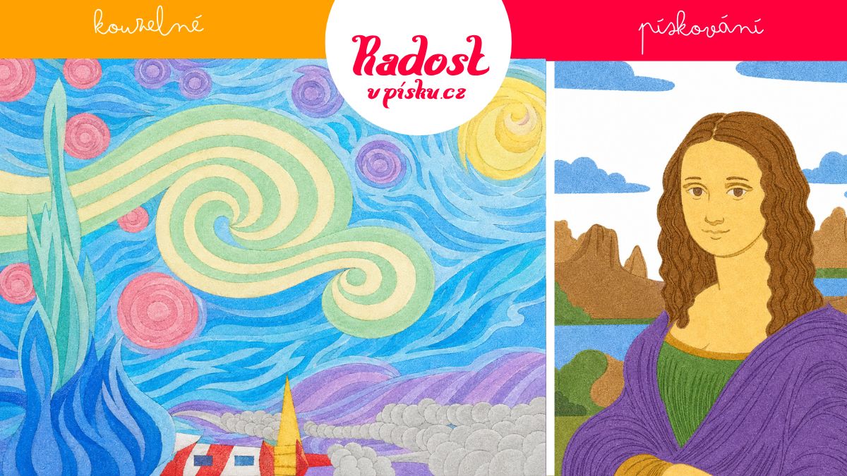 Umělecké reprodukce Mona Lisa, Hvězdná noc a Mucha vytvořené z barevného písku