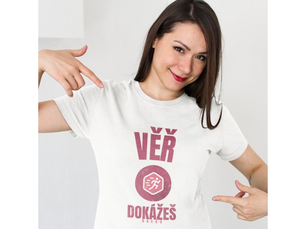 smiling customer showing her new t shirt mockup against a white background a15529