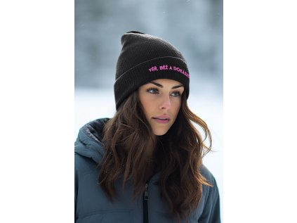 ai generated mockup featuring a woman wearing a beanie in the snow m36246
