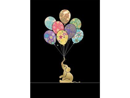 Přání Bug Art A6, černé - Slon s balónky