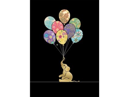 Přání Bug Art A6, černé - Slon s balónky