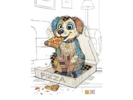 Přání Bug Art A6, patchwork - Pejsek a pizza