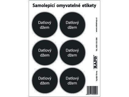 Omyvatelné samolepky na datlový džem, černé, 6 ks, průměr 55 mm