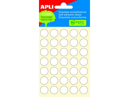 Samolepicí štítky Apli, bílá kolečka, 13 mm, 210ks