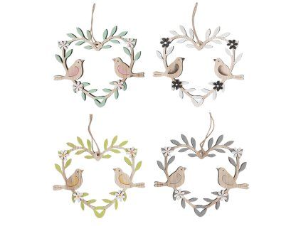 Dekorace dřevěná, závěsná, Srdce a ptáčci