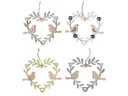 Dekorace dřevěná, závěsná, Srdce a ptáčci