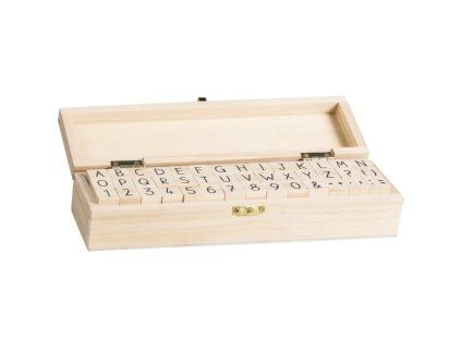 Sada razítek v dřevěném boxu - abeceda a číslice, 42 ks