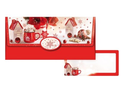 Obálka na peníze vánoční - Červené vločky a perníčky