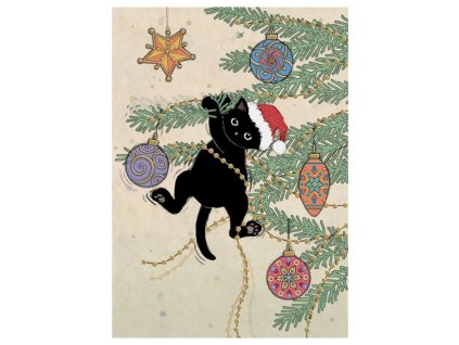 Přání Bug Art A6, vánoční - Černá kočička na stromečku