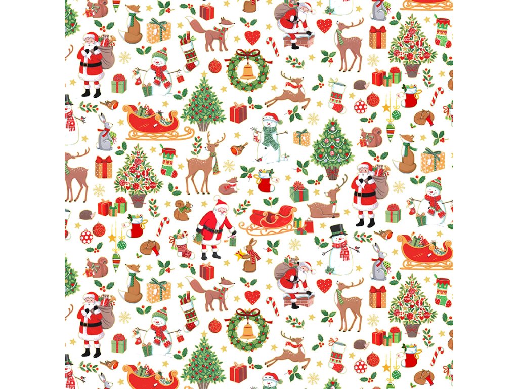 Látka vánoční v metráži se zlatým efektem 2479/1 vzor sněhuláků, lesních zvířátek a vánočních motivů se zlatem na bílém podkladu