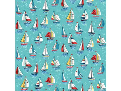 bavlněná látka v metráži s námořnickými motivy vzor plachetnic na moři tyrkysová barva