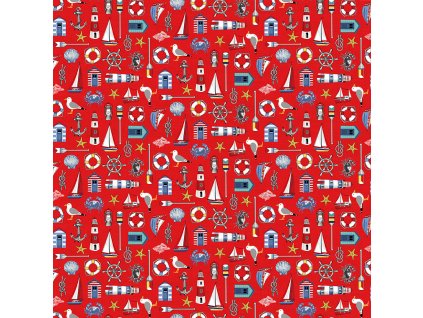 bavlněná látka v metráži s námořnickými motivy vzor námořnické symboly červená barva
