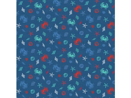 bavlněná látka v metráži s námořnickými motivy vzor kraby mušle hvězdice modrá barva