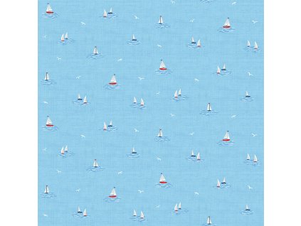 bavlněná látka v metráži s námořnickým motivem vzor malé plachetnice na moři světle modrá barva