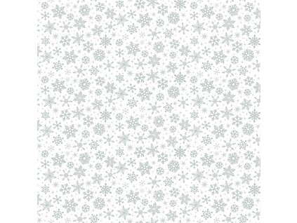 Látka vánoční v metráži se stříbrným efektem 2364WM vzor sněhové vločky se stříbrným metalickým efektem bílém podkladu