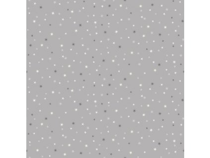 Látka vánoční v metráži se stříbrným efektem 2456S6 vzor šedé a bílé hvězdy a hvězdy se stříbrným metalickým efektem na šedém podkladu