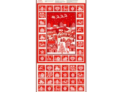 Adventní kalendář k ušití se zlatým efektem 2463 1 vzor vánoční krajina a vánoční motivy se zlatem na červeném podkladu