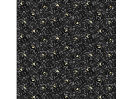 Látka bavlna v metráži se zlatým efektem 2522Xs japonským motivem vzor listy jinanu dvojlaločného na černém podkladu