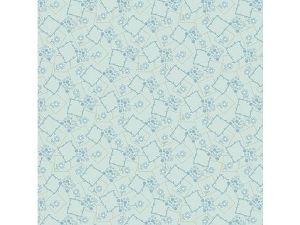 Látka bavlna v metráži 357LT s romantickým motivem vzor smetanovo modré geometrické tvary na světle modrém podkladu