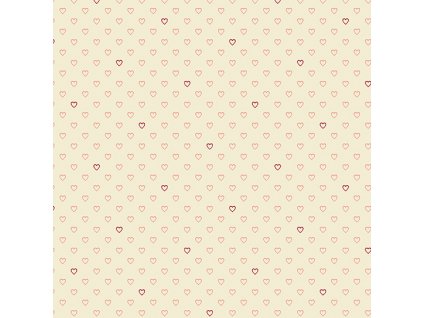 Látka bavlna v metráži 498LE  s romantickým motivem, vzor růžová srdíčka na smetanovém podkladu