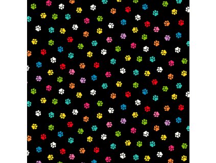Látka bavlna v metráži 2545X  se zvířecím motivem vzor barevné psí tlapky na černém podkladu