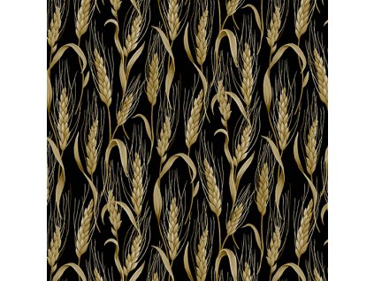 Látka bavlna v metráži 654K s podzimním motivem vzor hnědý pšeničný klas na černém podkladu