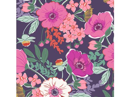 Látka bavlna v metráži 758P s květinovým motivem vzor fialové a růžové květy na tmavě fialovém podkladu