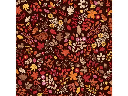 Látka bavlna v metráži 2595V s dětským podzimním motivem vzor barevné podzimní listí s žaludy na hnědém podkladu