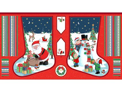 Vánoční punčocha k ušití 2590 1 vzor santa a sněhulák na červeném podkladu