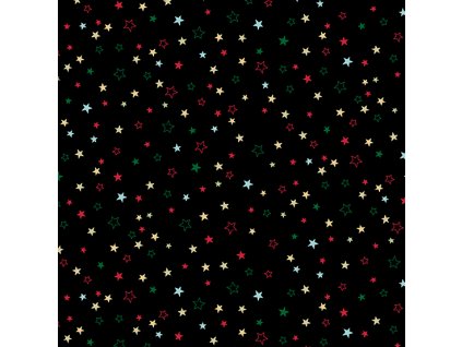 Látka vánoční v metráži se zlatým efektem 2573X s vánočním motivem vzor barevné vánoční hvězdičky na černém podkladu