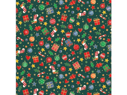 Látka vánoční v metráži se zlatým efektem 2585G s vánočním dětským motivem, vzor vánoční ozdoby na zeleném podkladu