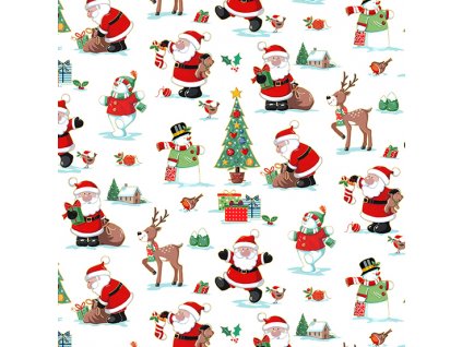Látka vánoční v metráži se zlatým efektem 2586W s vánočním dětským motivem, vzor santa, sněhulák, jelen a vánoční stromek na smetanovém podkladu
