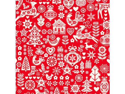 Látka vánoční v metráži 2575R s vánočním skandinávským motivem, vzor smetanové vánoční ozdoby, sobi, ptáčci a stromy na červeném podkladu