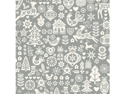 Látka vánoční v metráži 2575S s vánočním skandinávským motivem vzor smetanové vánoční ozdoby, sobi, ptáčci a stromy na šedém podkladu