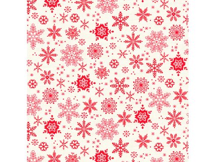 Látka vánoční v metráži 2576R s vánočním skandinávským motivem vzor červené sněhové vločky na smetanovém podkladu