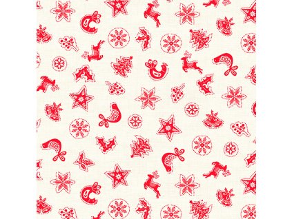 Látka vánoční v metráži 2578R s vánočním skandinávským motivem, vzor červené sněhové vločky, sobi, ptáčci, stromy a listy na smetanovém podkladu